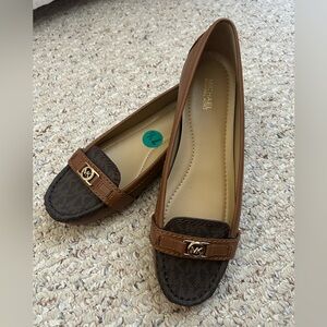 Michael Kors Brown & Dark Brown Logo Moccasin Flats with Gold MK Hardware